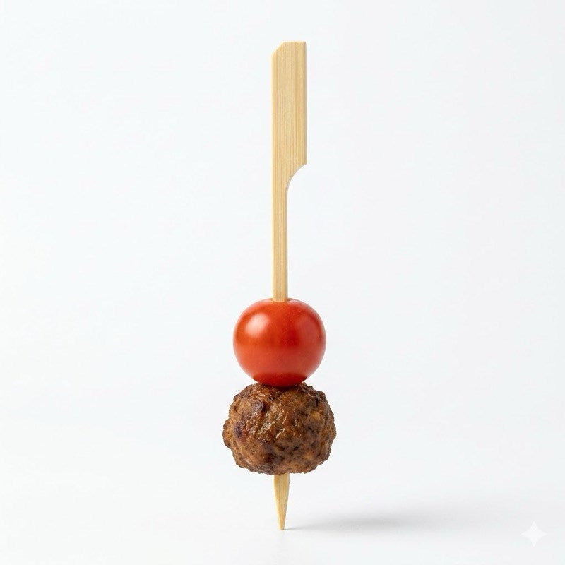 Zeropac Bamboo Boat Oar Skewer 150mm holding meatball and tomato
