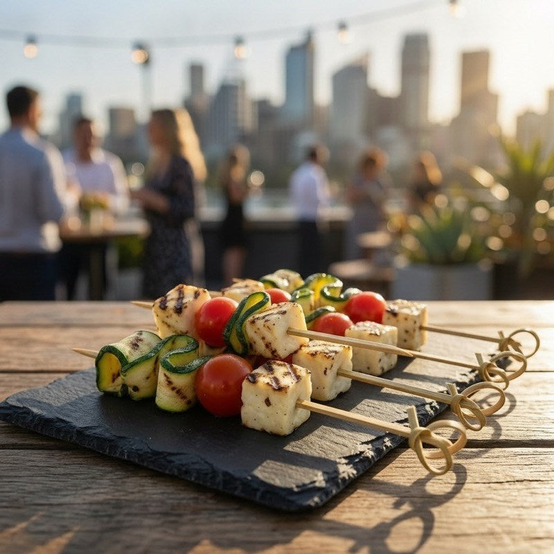 Zeropac bamboo looped skewers with grilled halloumi and vegetables at rooftop event with city view