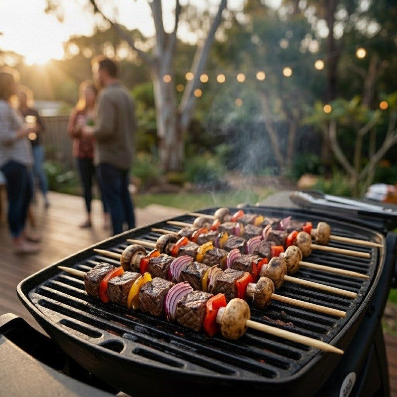 Backyard BBQ grilling beef and vegetable kebabs