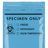 A close-up of the top portion of a blue specimen bag showing the tear line, "SPECIMEN ONLY" instruction, and storage checkboxes.