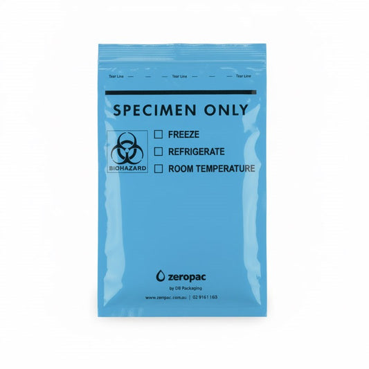 A full-view product shot of a blue "zeropac" specimen bag with a biohazard symbol, storage checkboxes, and company branding.