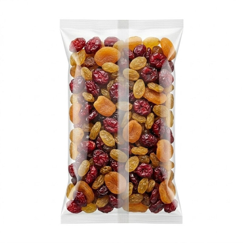 Zeropac clear BOPP bag filled with dried cranberries and golden raisins