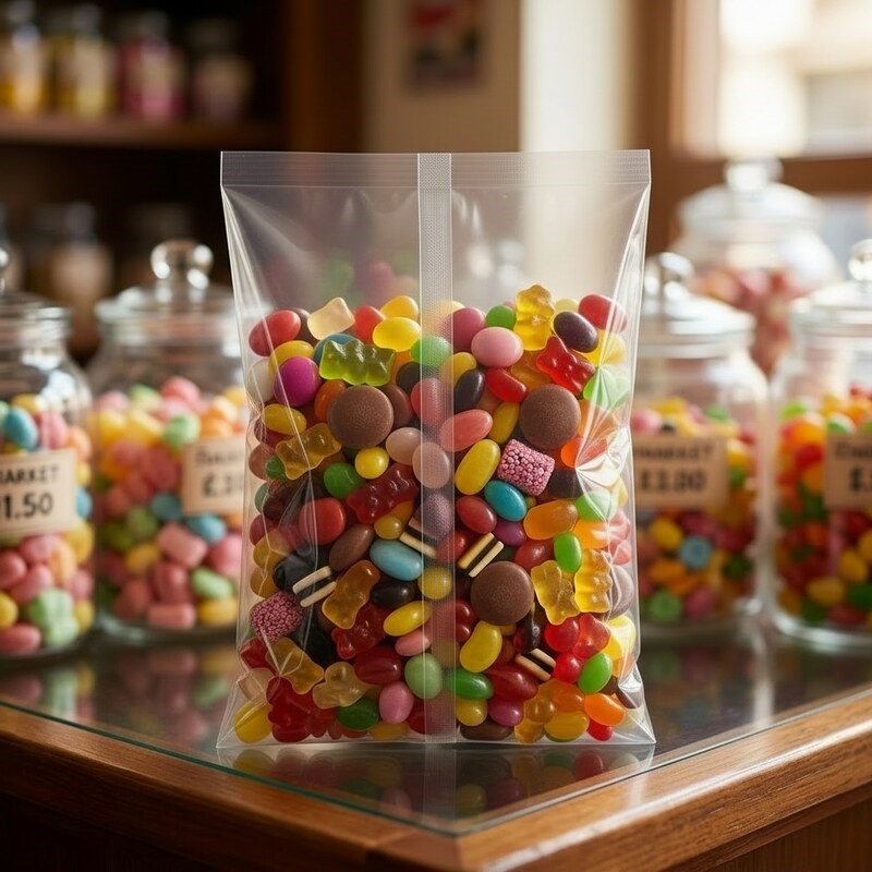 Mixed colorful jelly beans in Zeropac bag on candy shop counter
