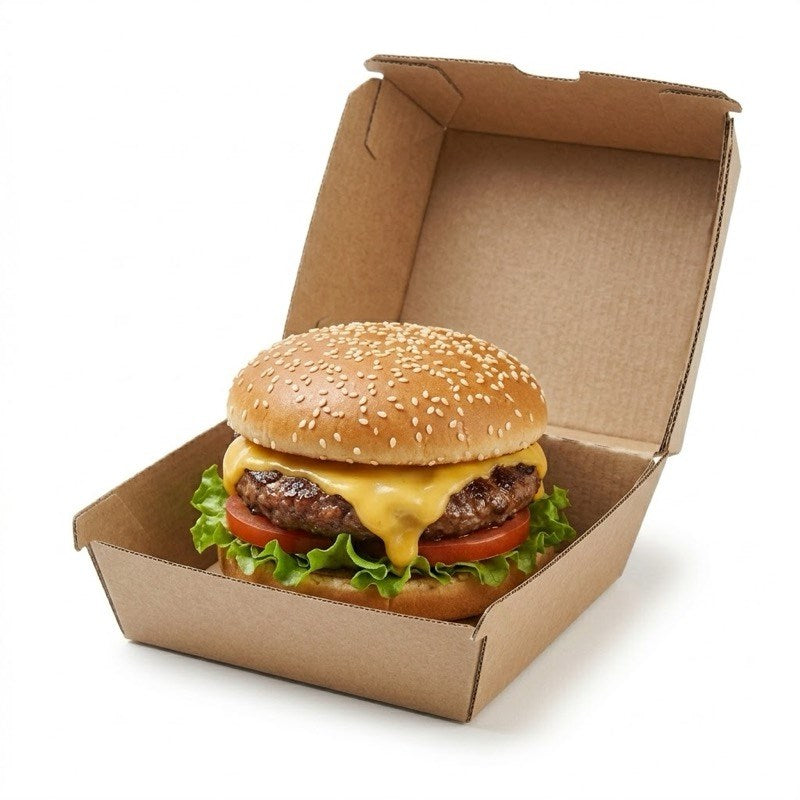 Zeropac Burger Box holding a cheeseburger with fresh lettuce and tomato