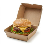 Zeropac Burger Box holding a cheeseburger with fresh lettuce and tomato