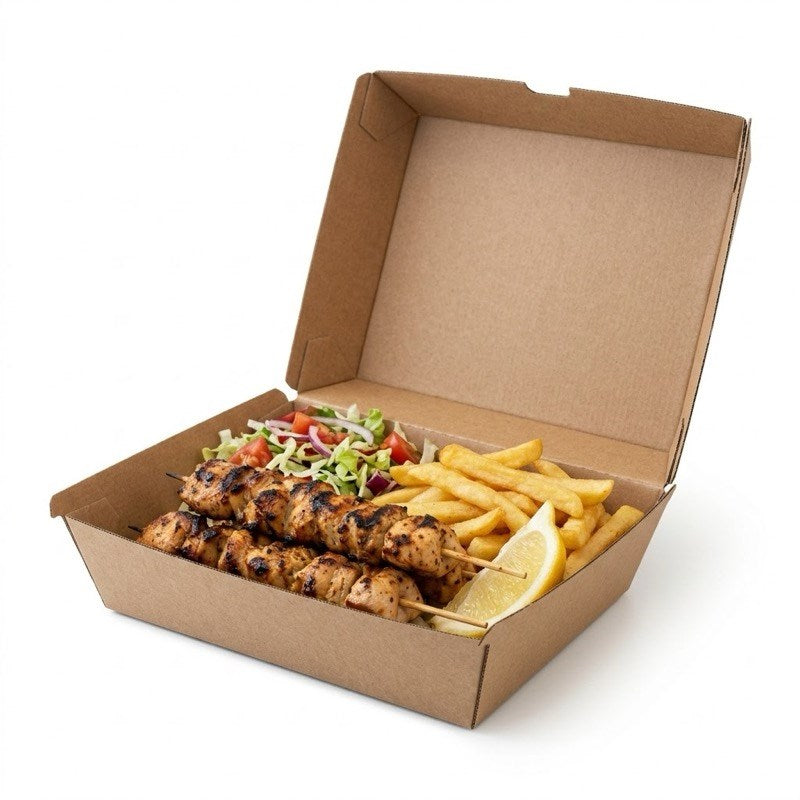 Brown corrugated box holding grilled chicken skewers and fries