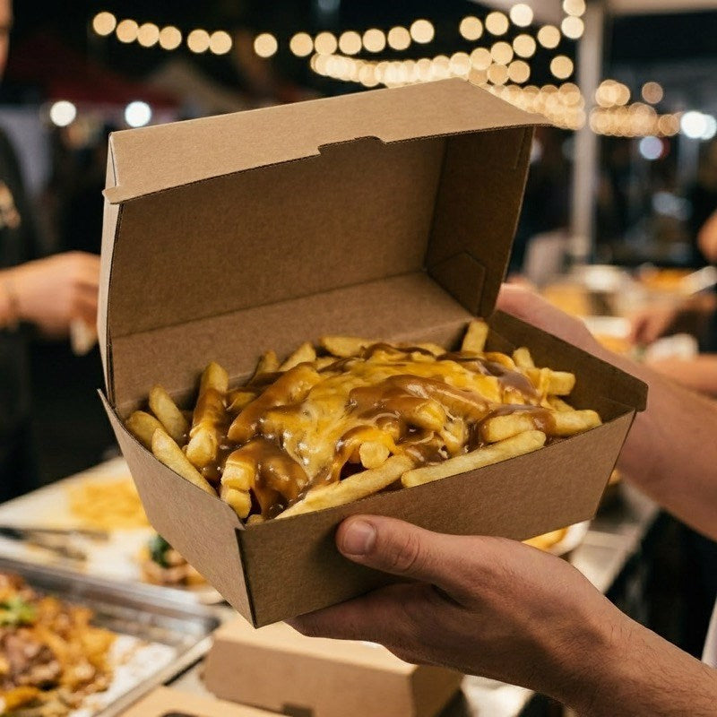 Person holding Zeropac box with fish and chips at outdoor food festival