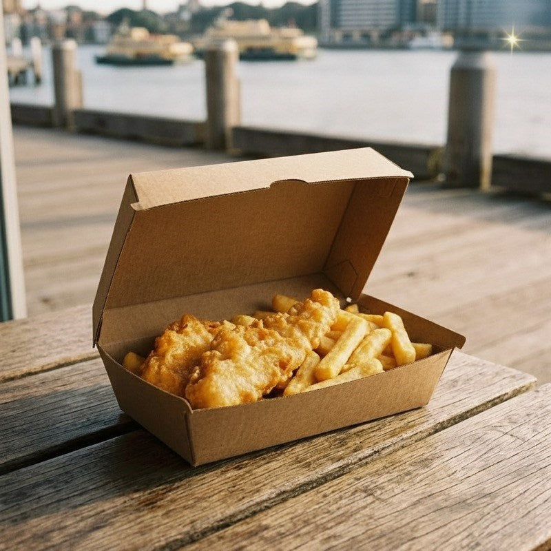Fried fish and chips in Zeropac box on wooden dock overlooking waterfront