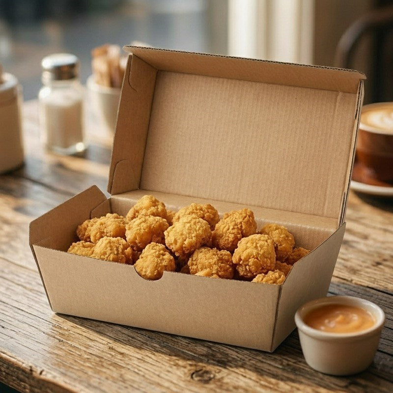 People enjoying fried chicken from Zeropac box at outdoor cafe with dipping sauce