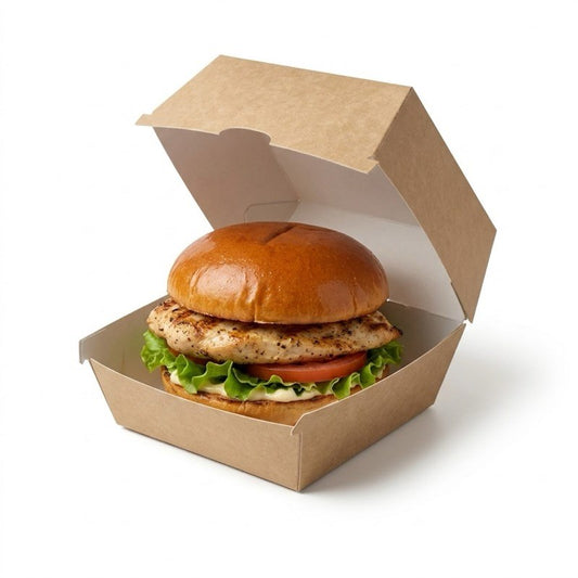 Zeropac Kraft Board Burger Box with grilled burger and fresh toppings