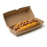 Zeropac Kraft Board Hot Dog Box with hot dog, bacon and melted cheese