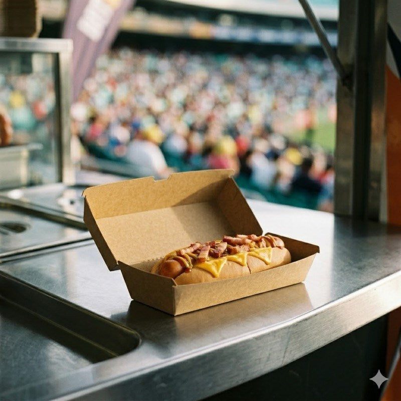 Person holding Zeropac hot dog at stadium food concession with crowd
