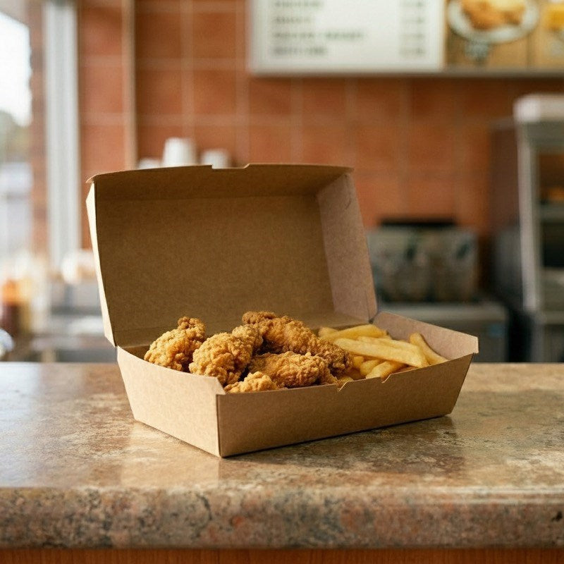 Brown kraft snack box with fried chicken and fries on restaurant counter