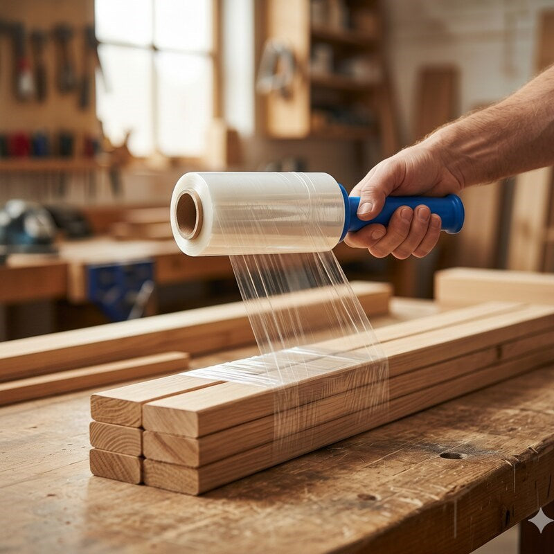 Person wrapping wooden boards with Zeropac stretch wrap