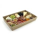 Zeropac kraft rectangular catering tray with gourmet charcuterie cheeses, meats, nuts, fruits