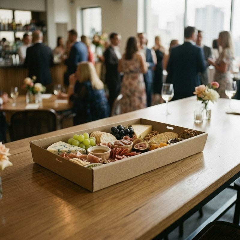 Kraft charcuterie catering tray at elegant event with guests mingling in bright venue background