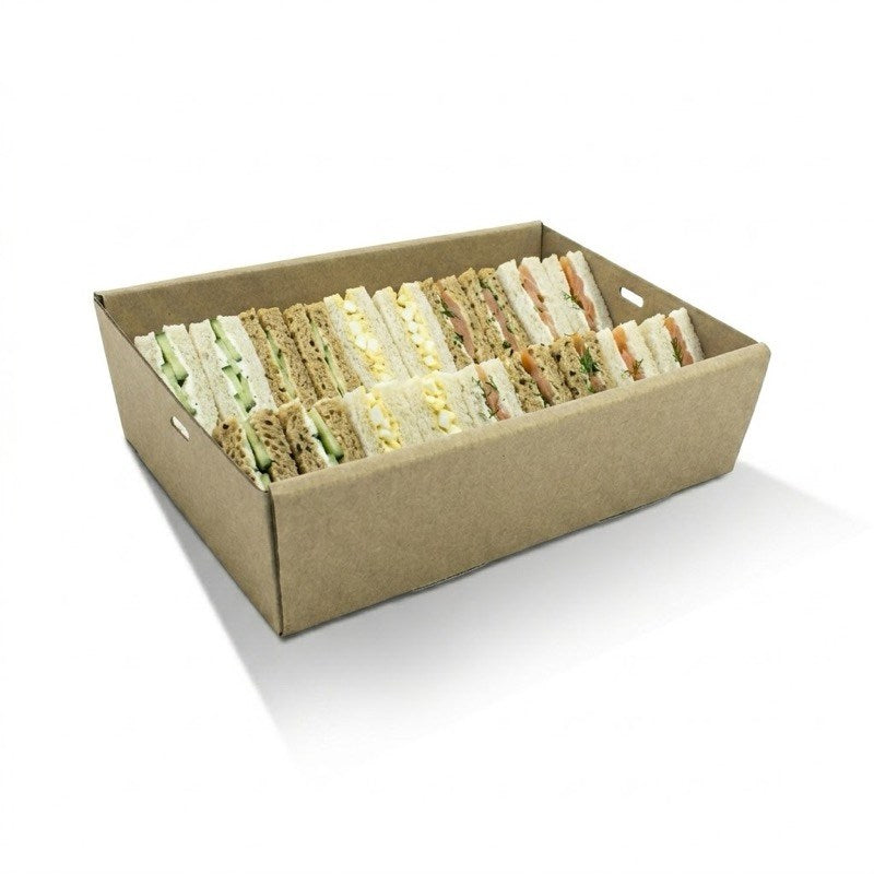 Zeropac kraft rectangular catering tray filled with assorted sandwiches with varied fillings