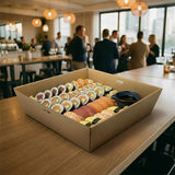 Kraft sushi catering tray at upscale event with guests networking in modern venue in background