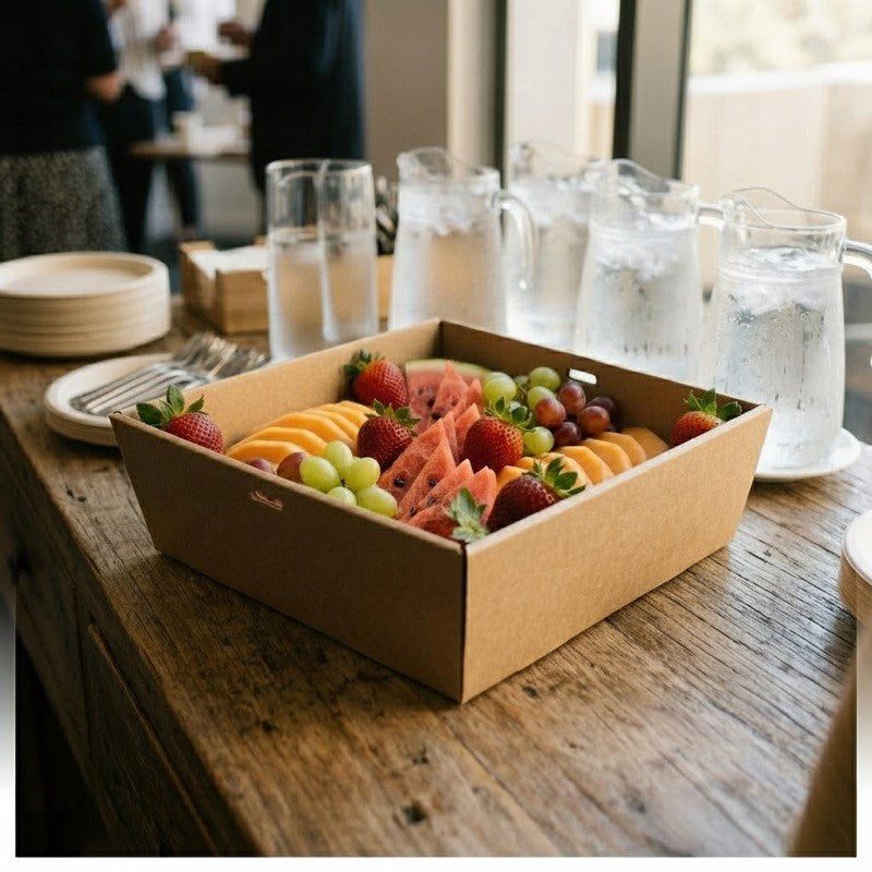 Kraft fruit platter on dining table at catering event with beverages and place settings visible