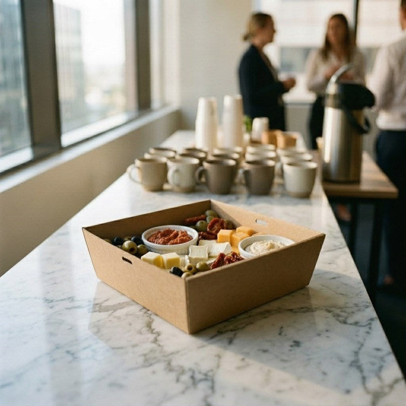 Kraft catering tray with charcuterie at office event with professionals mingling in background