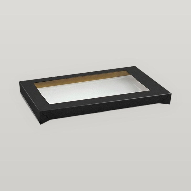 Zeropac black kraft rectangle large catering tray lid, PET window