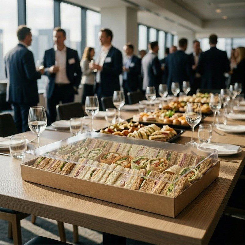 Catering tray with clear RPET lid displayed at business event with guests