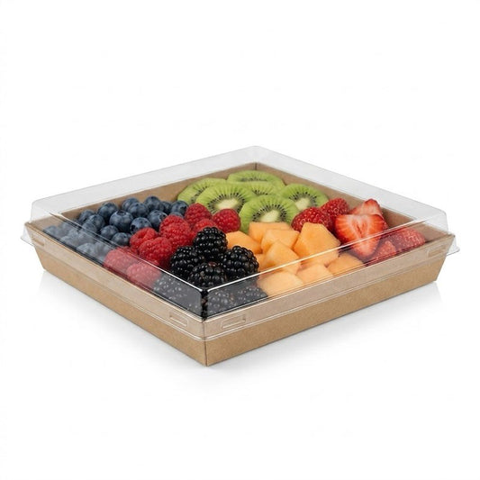 Zeropac clear RPET small catering tray holding blueberries, raspberries and kiwi