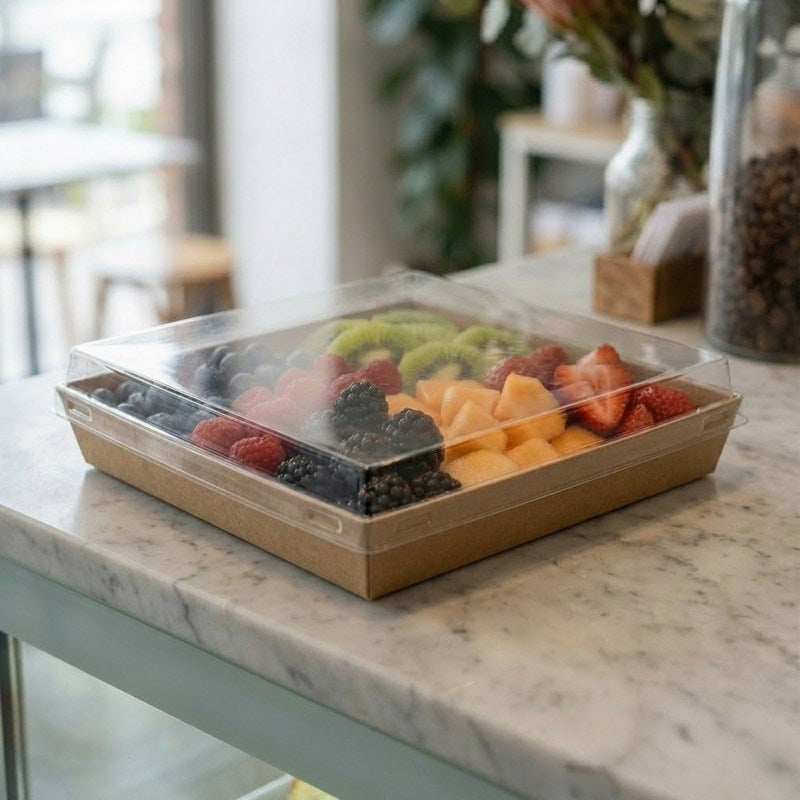 Clear RPET catering tray with fresh berries displayed at cafe counter