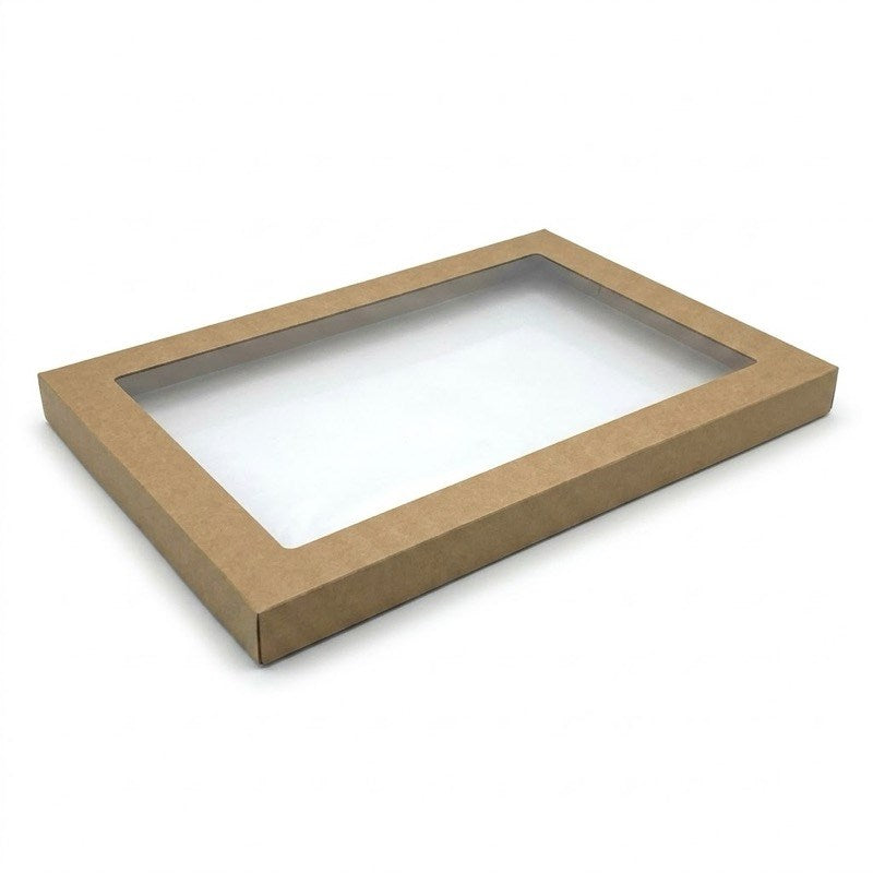 Zeropac catering tray lid kraft rectangle medium plus PET window, kraft catering tray