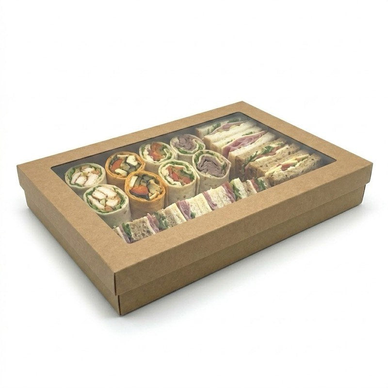 Zeropac kraft catering tray with PET window holding assorted wraps and sandwiches varied fillings