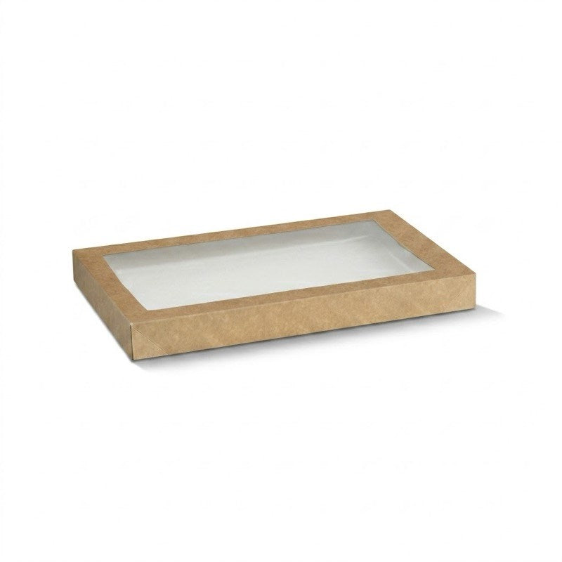 Zeropac catering tray lid kraft rectangle small PET window, kraft catering tray