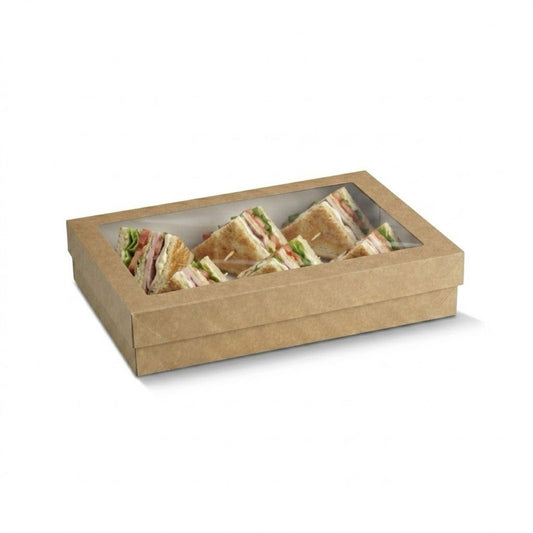 Zeropac kraft catering tray with PET window displaying sandwiches with ham, vegetables, greens
