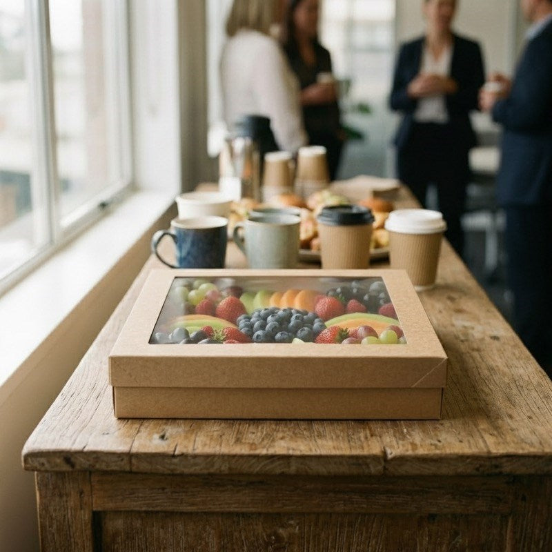 Kraft square catering tray with fresh fruit platter at event venue with coffee