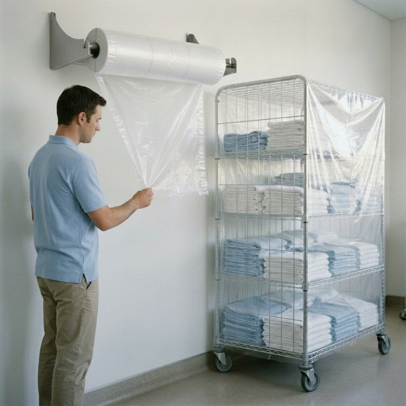 Worker wrapping wheeled cage trolley with Zeropac clear LDPE protective cover