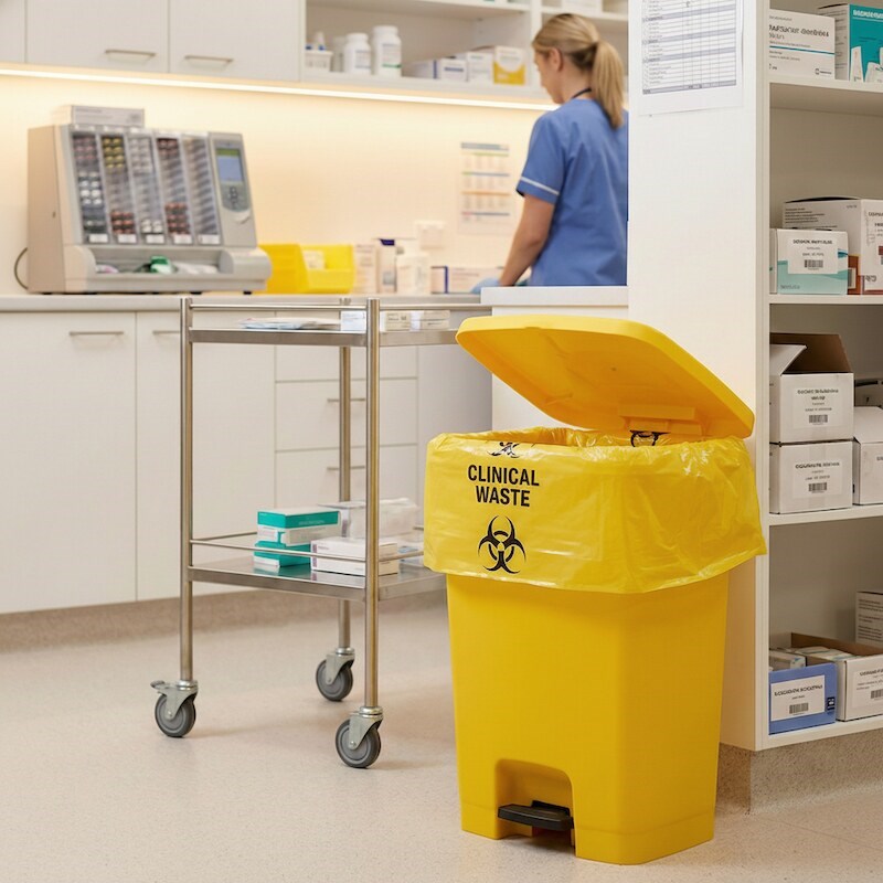 Zeropac Clinical Waste Bag in yellow pedal bin at medical supply counter
