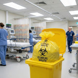Zeropac Clinical Waste Bag in yellow bin in hospital ward with staff