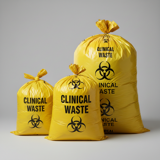Yellow clinical waste bags in three sizes showing size range from 20 litre to 120 litre