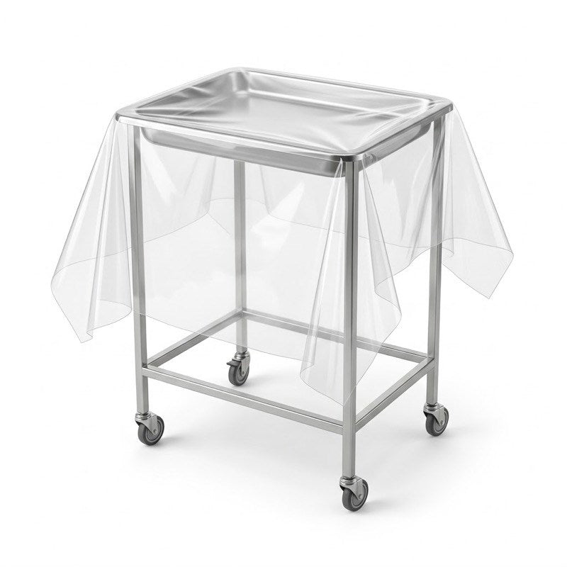 Zeropac clear disposable drape sheet on stainless steel medical equipment frame