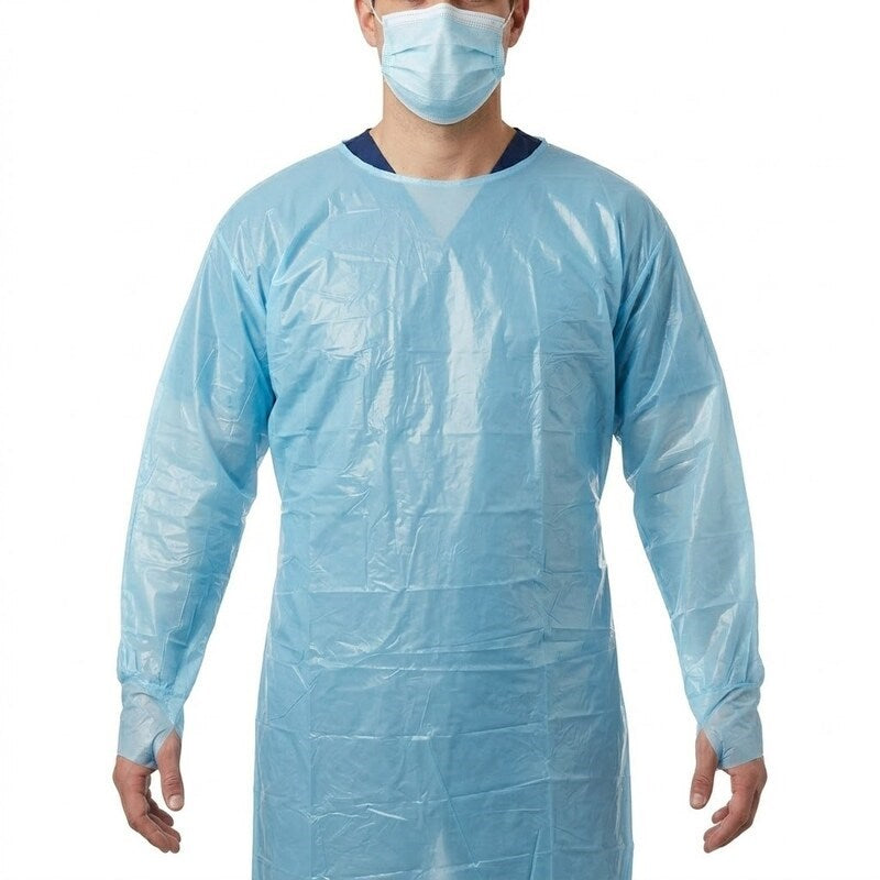 Healthcare worker wearing large blue Zeropac gown with mask