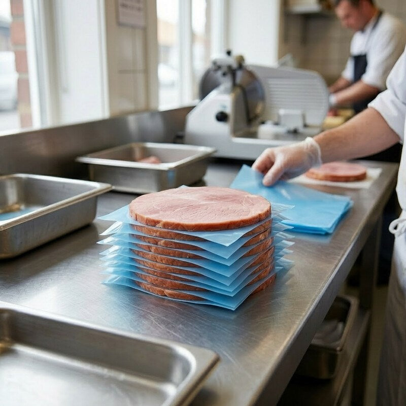 Deli worker wrapping ham slices with Zeropac blue LDPE slapsheet