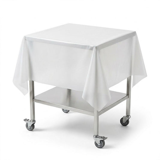 Zeropac white disposable surface sheet on wheeled stainless steel cart