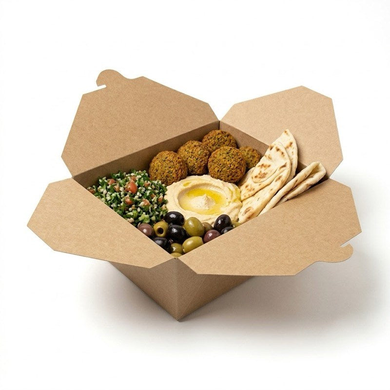 Zeropac extra large lunch box holding hummus, falafel, pita, olives, and fresh vegetables