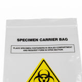 Specimen carrier bag with biohazard warning label and sealed compartment
