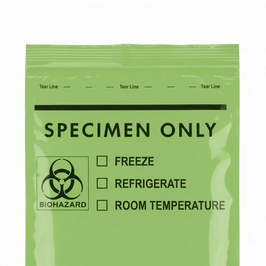 A close-up of the upper section of a green specimen bag showing the tear line, "SPECIMEN ONLY" text, and storage requirement checkboxes.