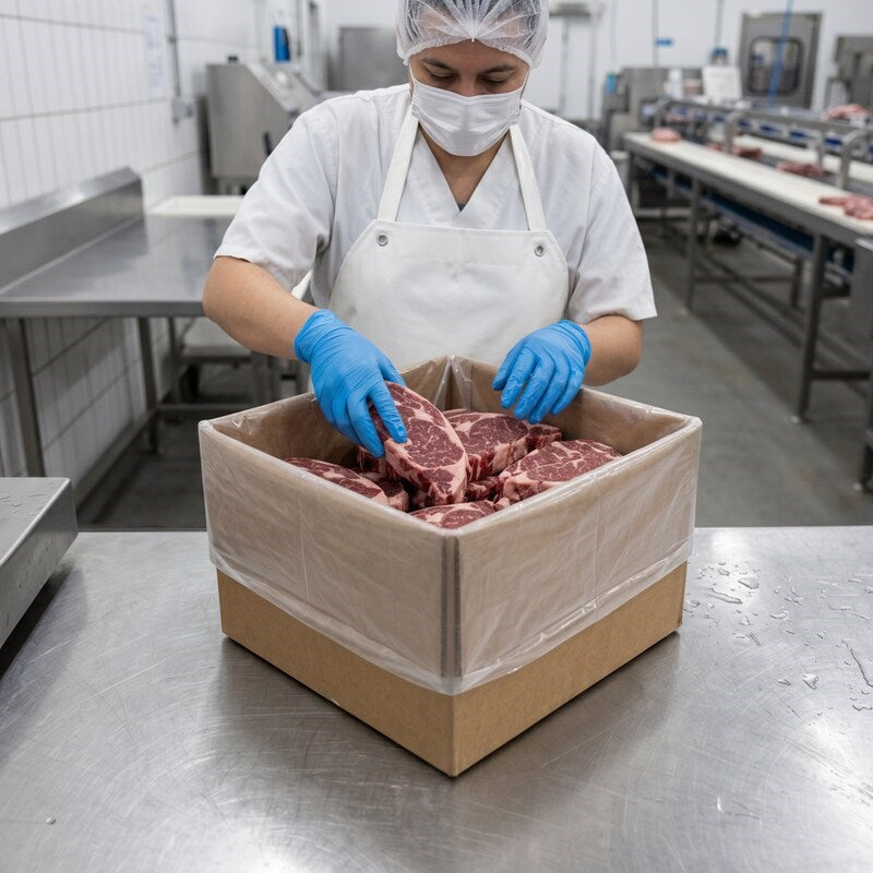 Food worker handling raw beef steaks in clear carton liner in processing facility
