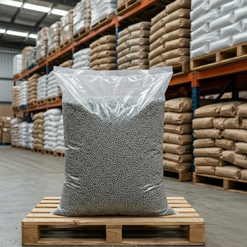 Zeropac HDPE Plastic Bag 910x610mm of pellets on wooden pallet in warehouse