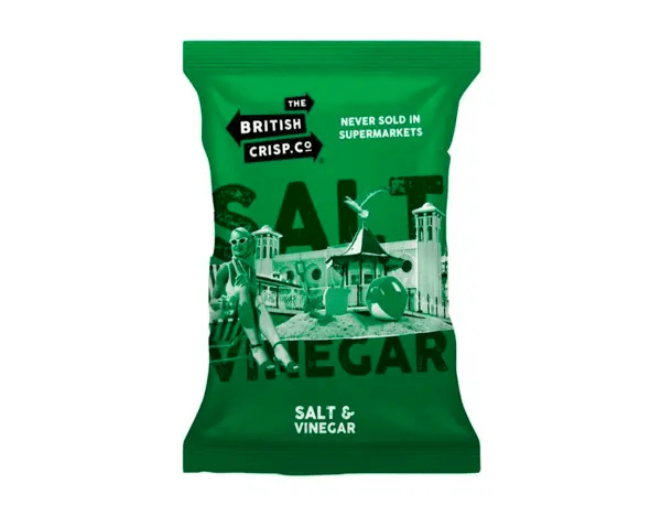 Salt and vinegar crisps package in green Zeropac metallised paper