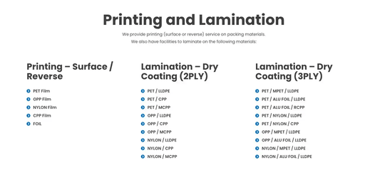 Technical specification chart showing printing and dry coating lamination material options for flexible packaging