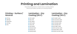 Technical specification chart showing printing and dry coating lamination material options for flexible packaging