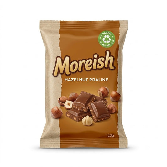 Hazelnut praline chocolate pack in Zeropac kerbside-recyclable metallised paper with kraft side panel